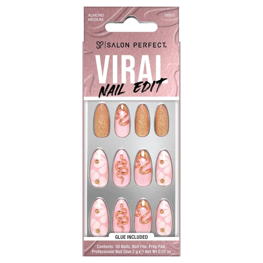 Salon Perfect Viral Nail Edit Almond Medium Pink Gold Snake Press-On Nails